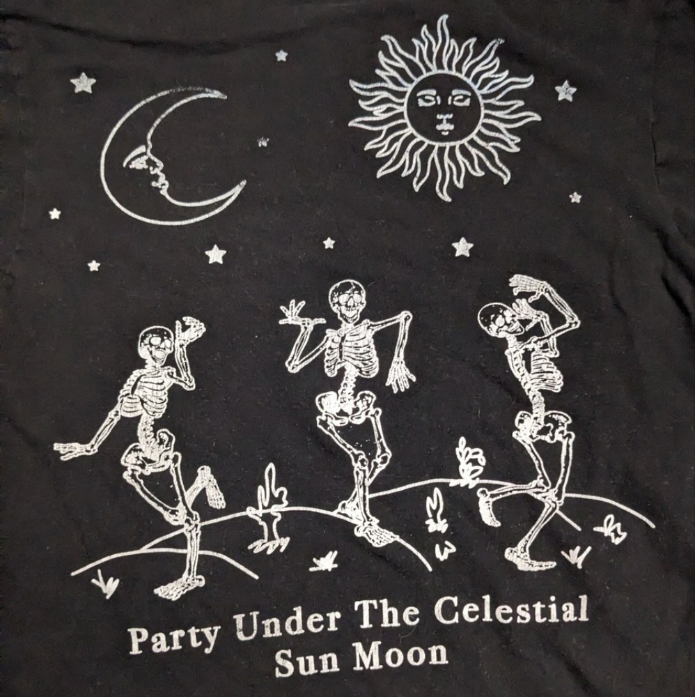 Black Graphic Tee with Skeleton and Celestial Design